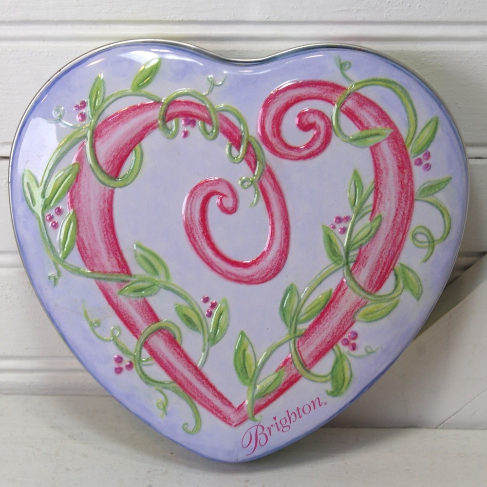 Brighton Tin Jewelry box Heart-shaped Flower vines Striped Y2K Vintage